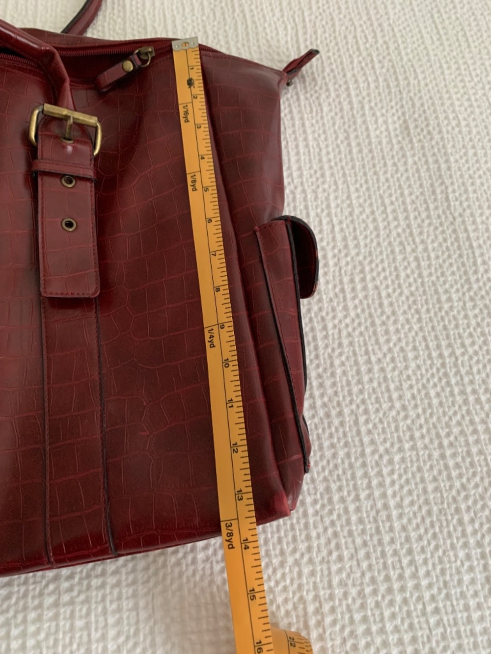 Bueno Red Tote Bag | Burgundy Textured Leather Tote | Dual Handles Gold Hardware - Picture 8 of 12
